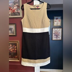Vince Camuto Knit Sheath Wiggle Color Block Dress Size 12 Black Tan Cream